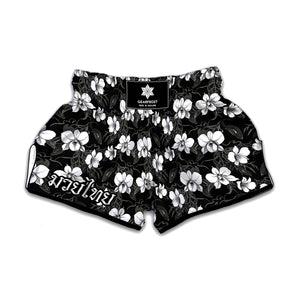 Black And White Cattleya Pattern Print Muay Thai Boxing Shorts