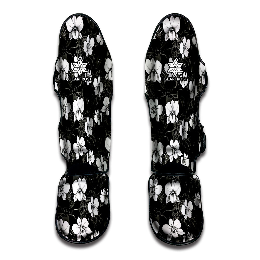 Black And White Cattleya Pattern Print Muay Thai Shin Guard