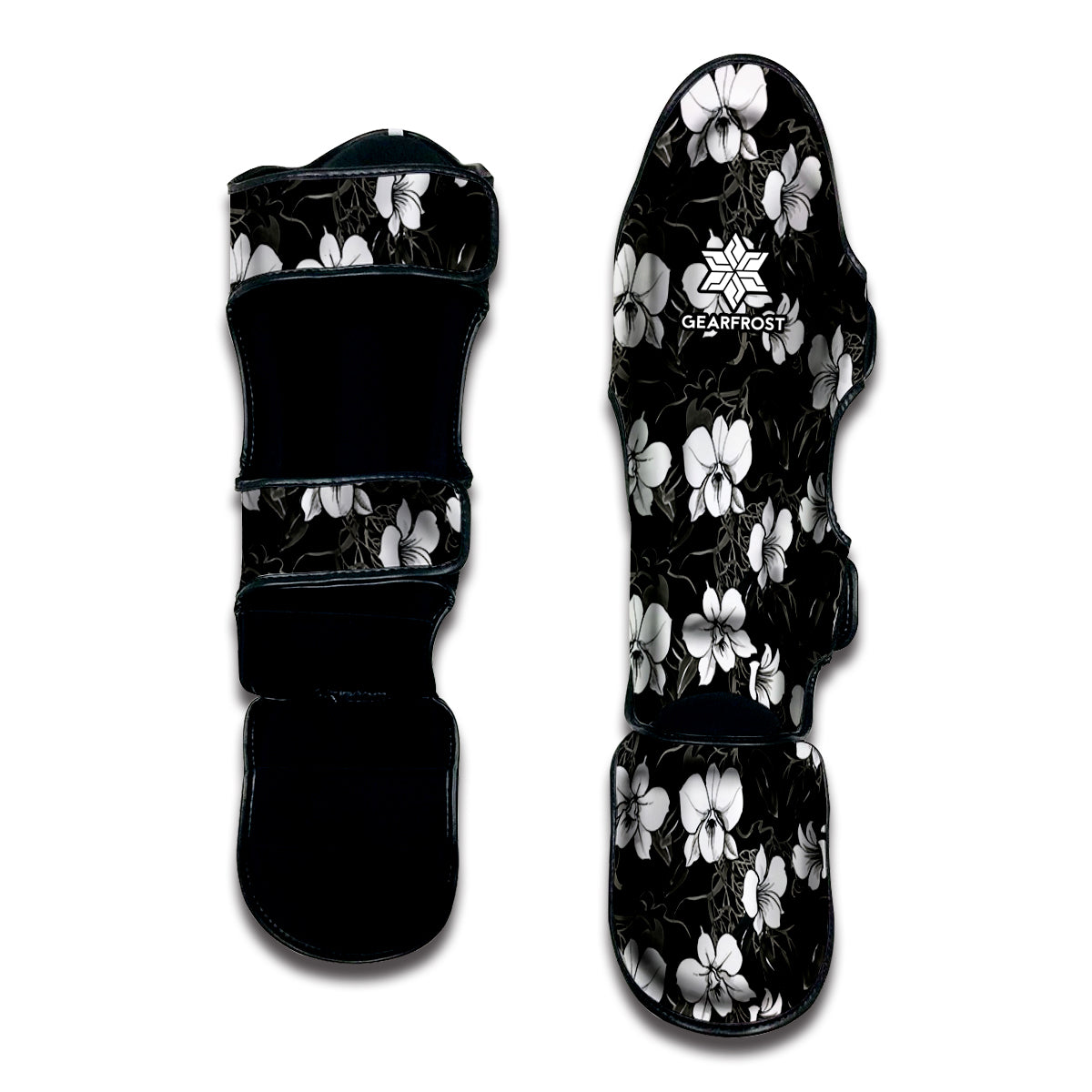 Black And White Cattleya Pattern Print Muay Thai Shin Guard