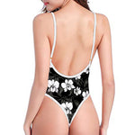 Black And White Cattleya Pattern Print One Piece High Cut Swimsuit