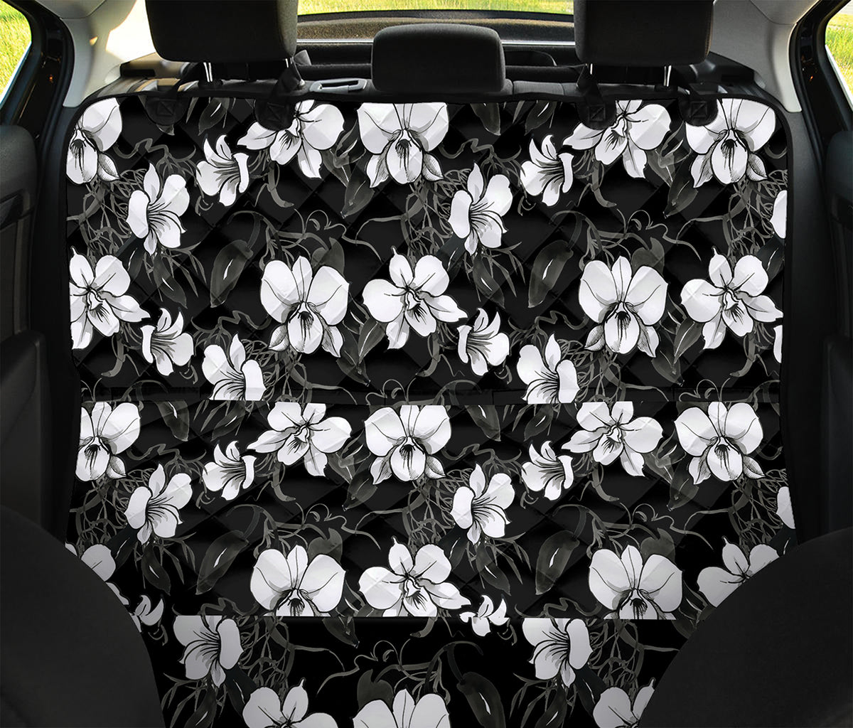 Black And White Cattleya Pattern Print Pet Car Back Seat Cover