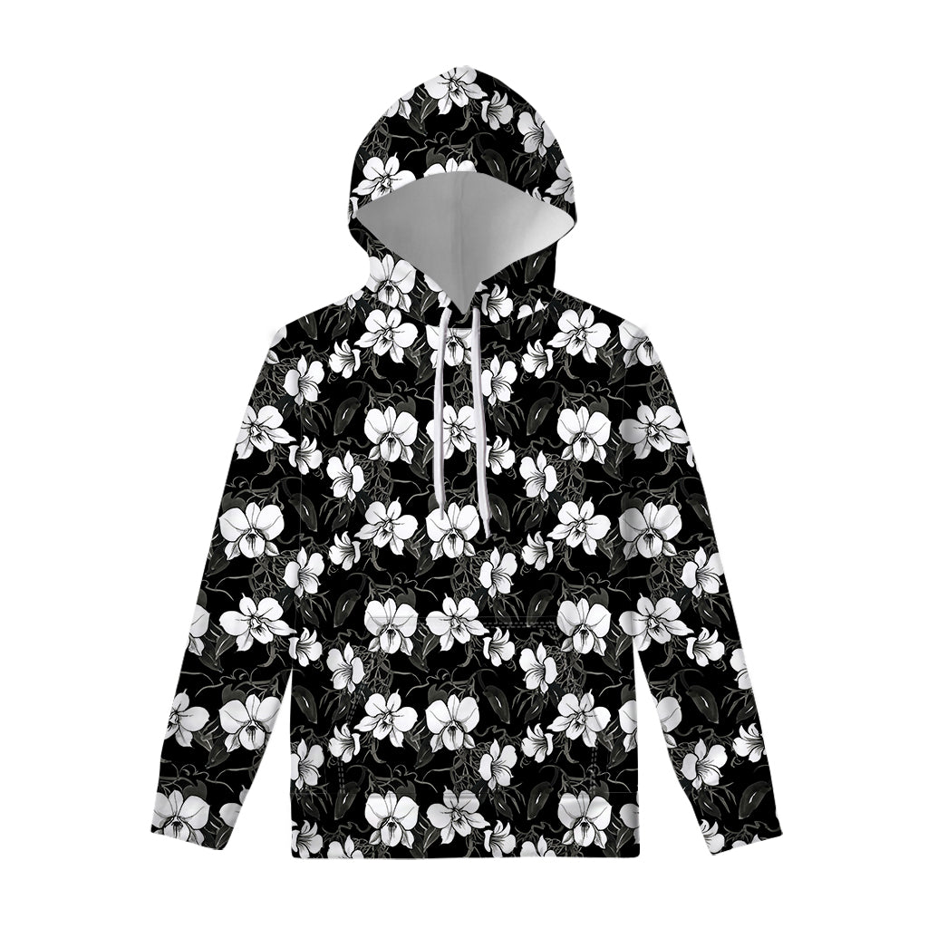 Black And White Cattleya Pattern Print Pullover Hoodie