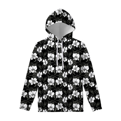 Black And White Cattleya Pattern Print Pullover Hoodie