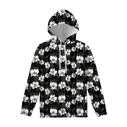 Black And White Cattleya Pattern Print Pullover Hoodie