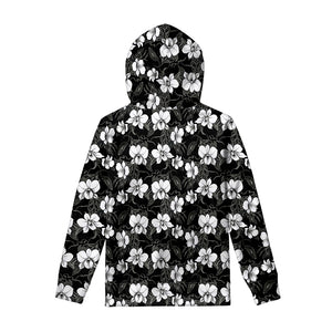 Black And White Cattleya Pattern Print Pullover Hoodie
