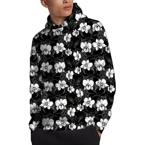 Black And White Cattleya Pattern Print Pullover Hoodie