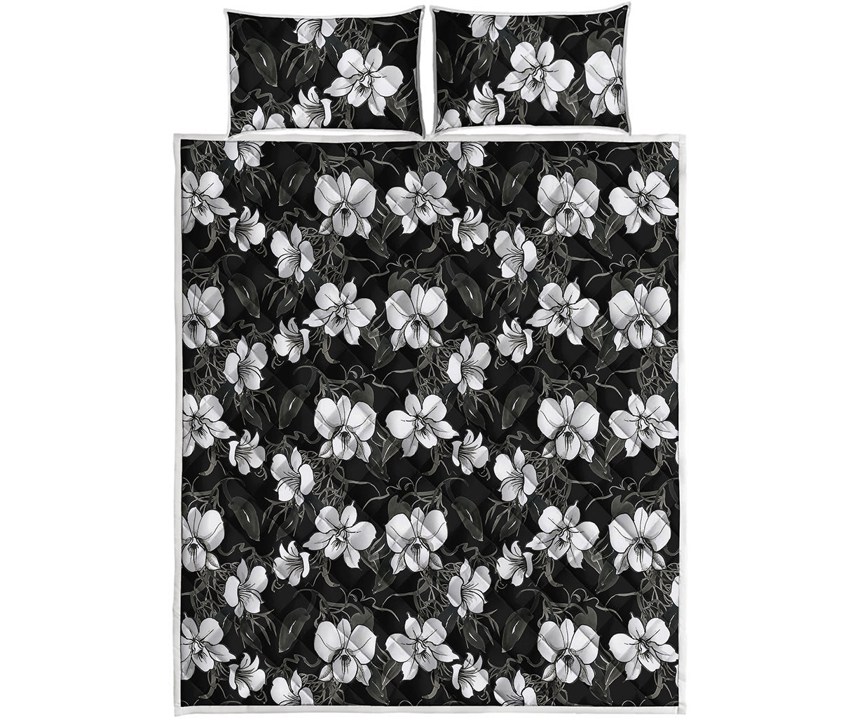 Black And White Cattleya Pattern Print Quilt Bed Set