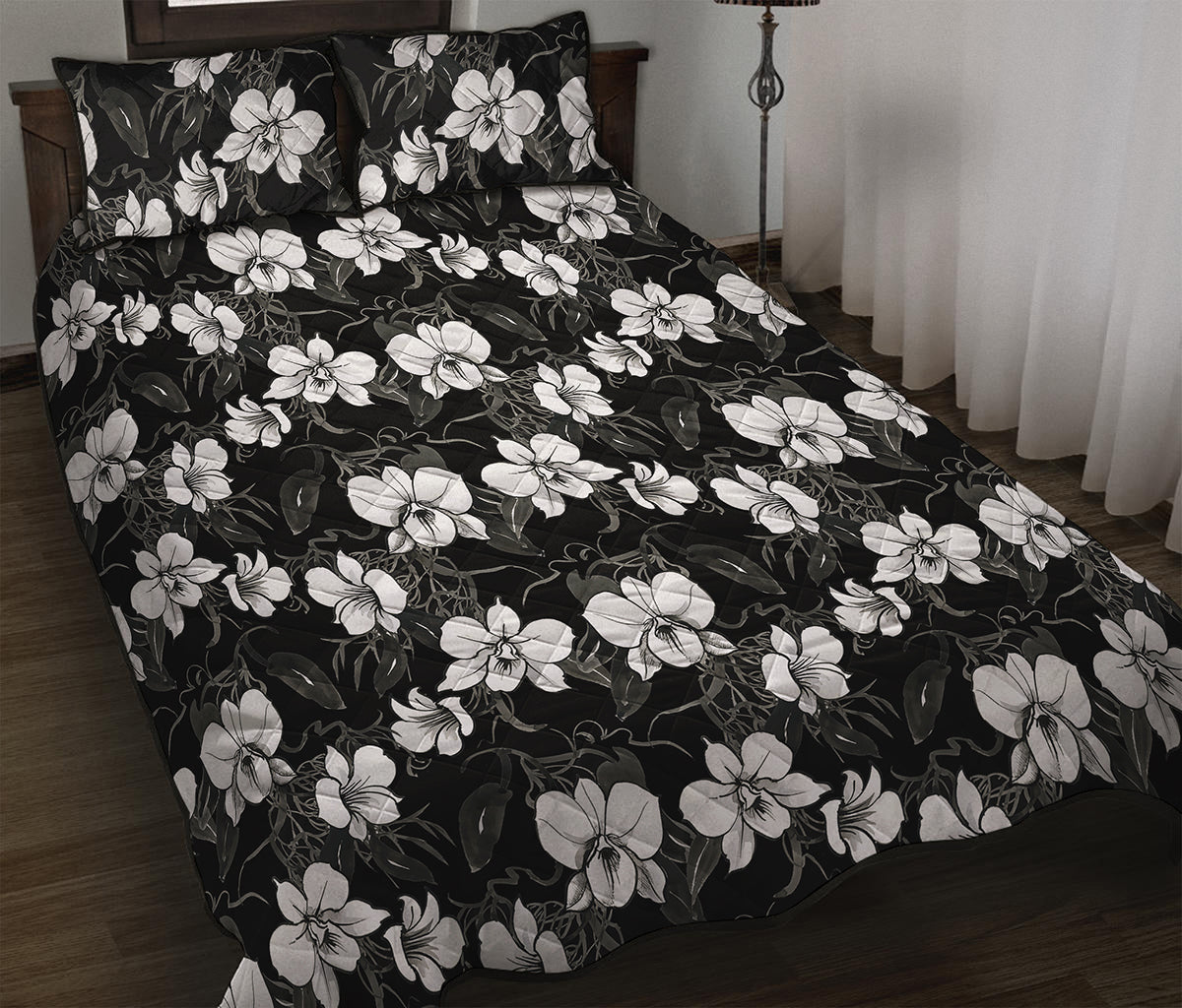 Black And White Cattleya Pattern Print Quilt Bed Set