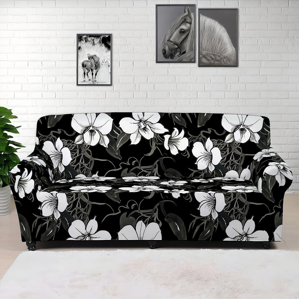 Black And White Cattleya Pattern Print Sofa Cover