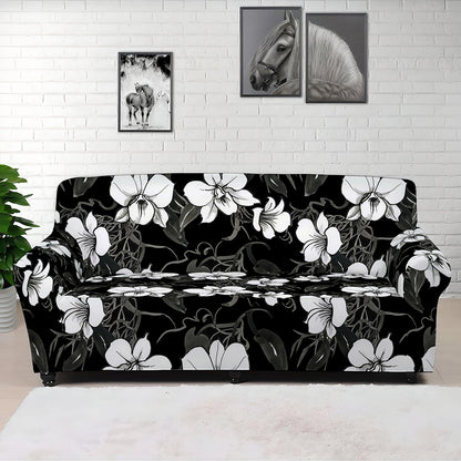 Black And White Cattleya Pattern Print Sofa Cover