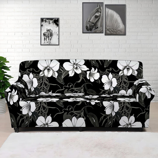 Black And White Cattleya Pattern Print Sofa Cover