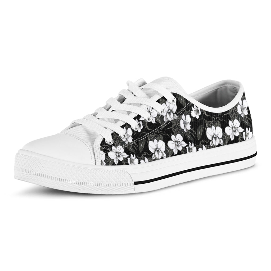 Black And White Cattleya Pattern Print White Low Top Shoes