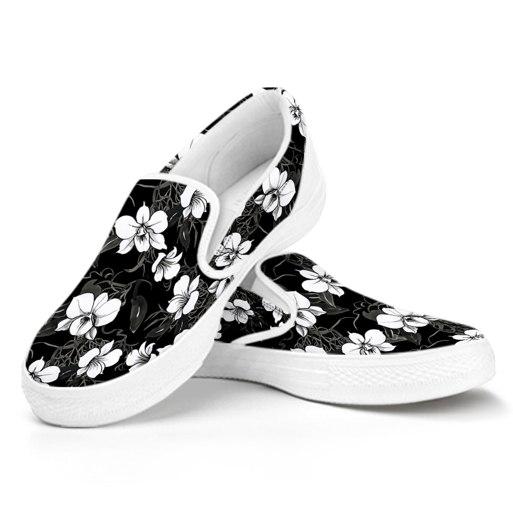 Black And White Cattleya Pattern Print White Slip On Shoes