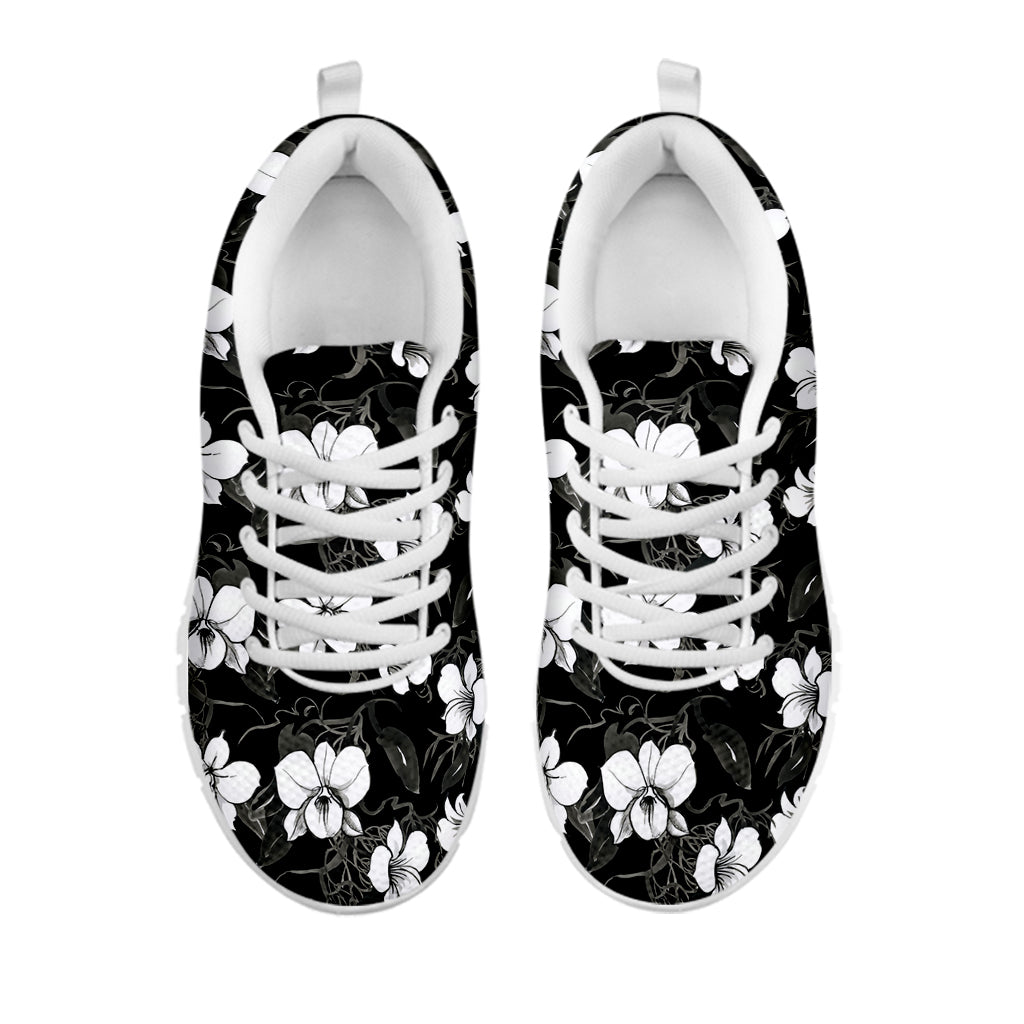 Black And White Cattleya Pattern Print White Sneakers