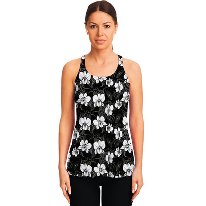 Black And White Cattleya Pattern Print Women's Racerback Tank Top