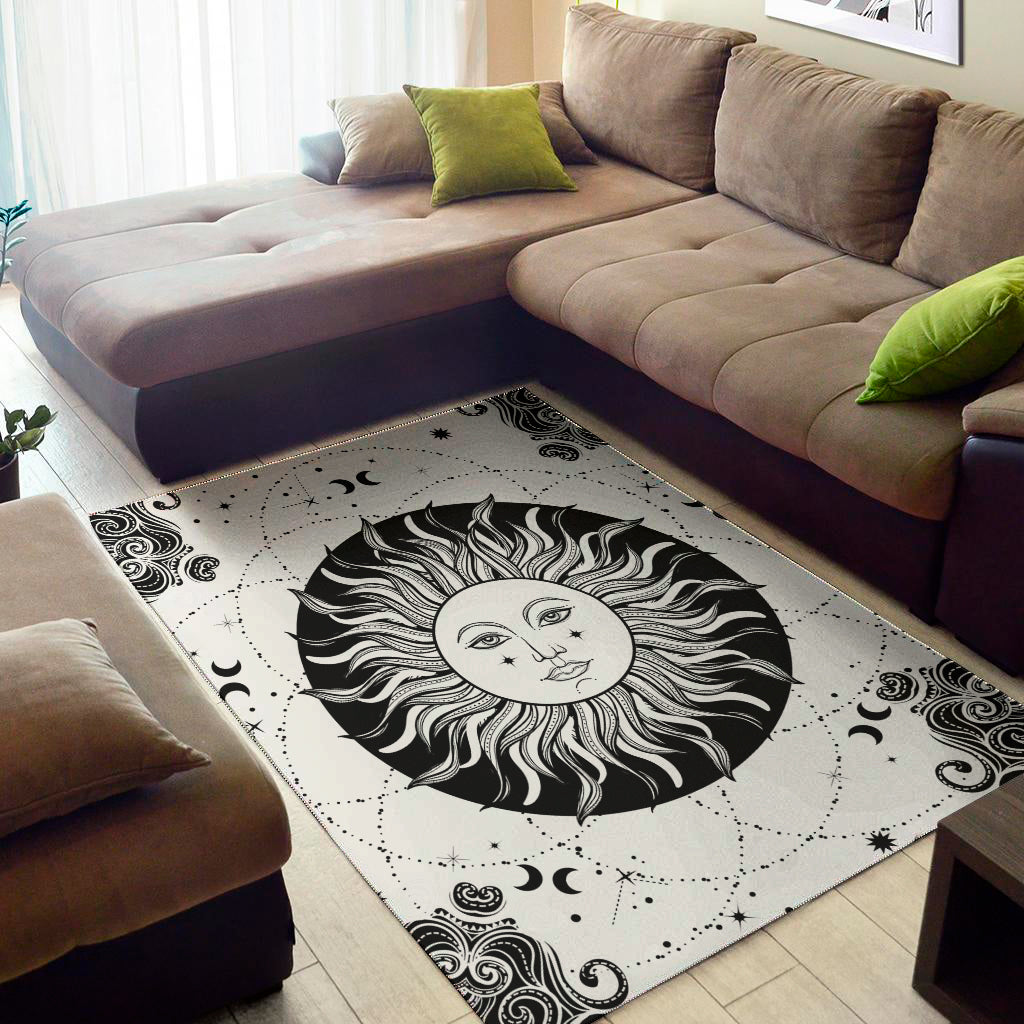 Black And White Celestial Sun Print Area Rug