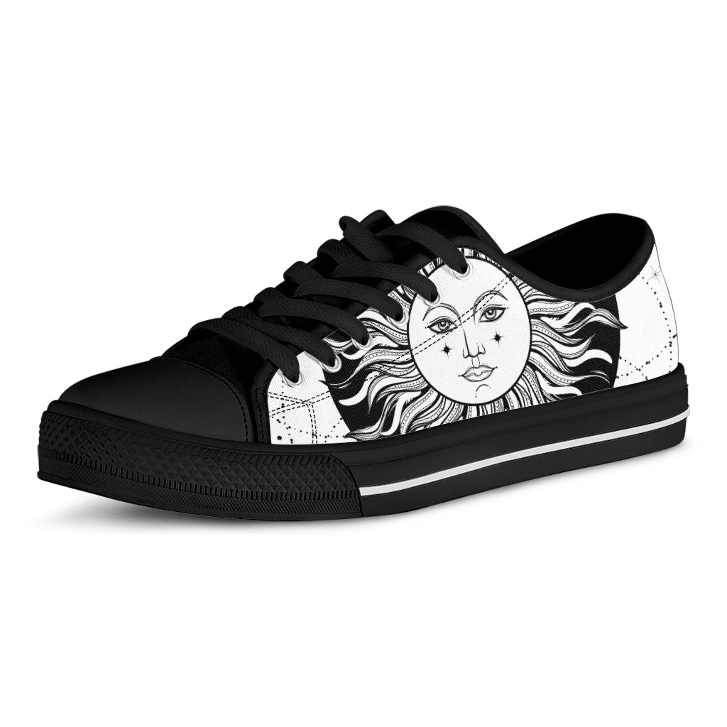 Black And White Celestial Sun Print Black Low Top Shoes 