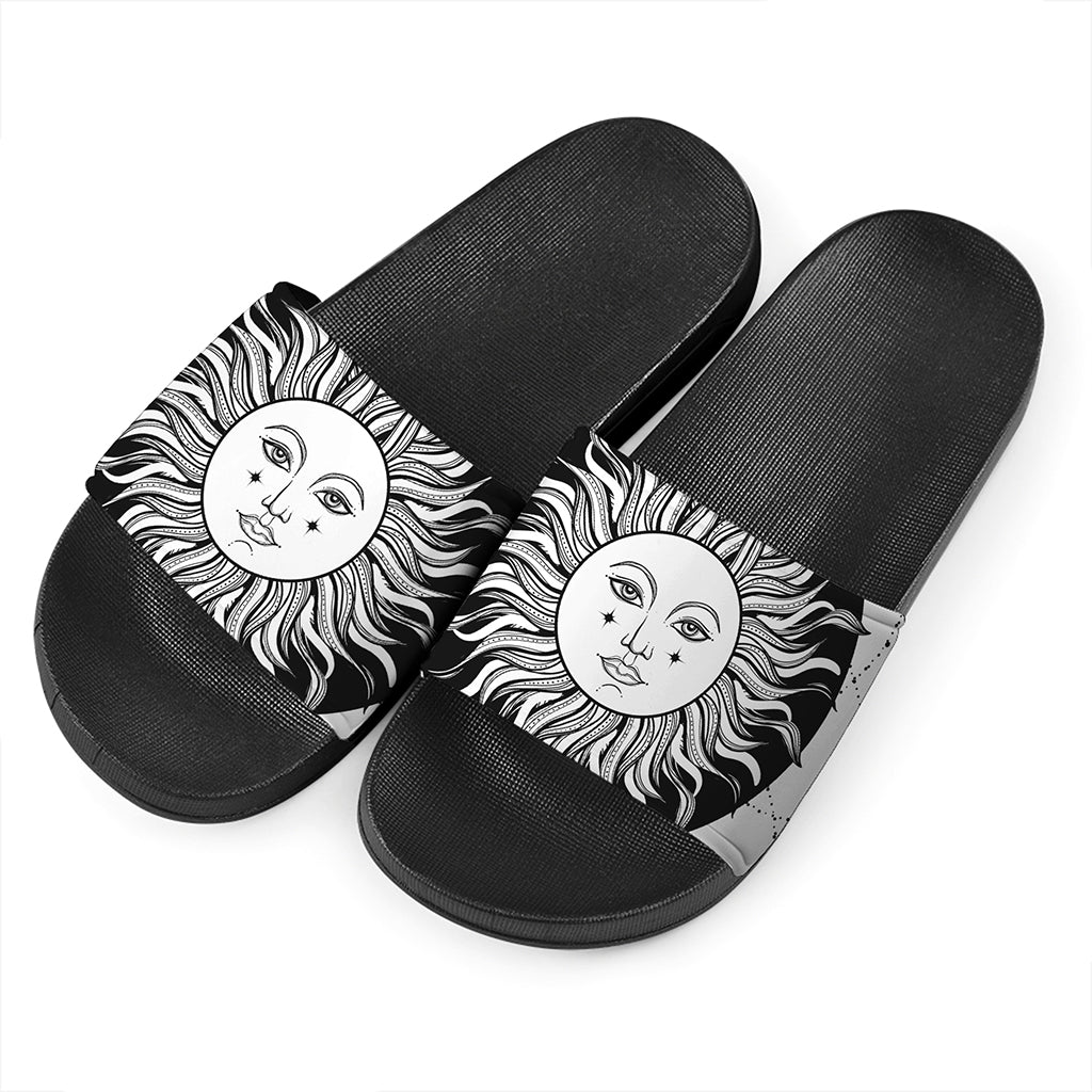 Black And White Celestial Sun Print Black Slide Sandals