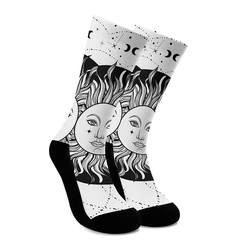 Black And White Celestial Sun Print Crew Socks