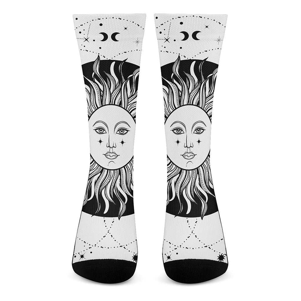 Black And White Celestial Sun Print Crew Socks