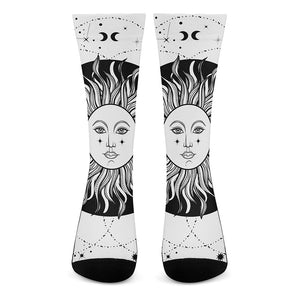 Black And White Celestial Sun Print Crew Socks