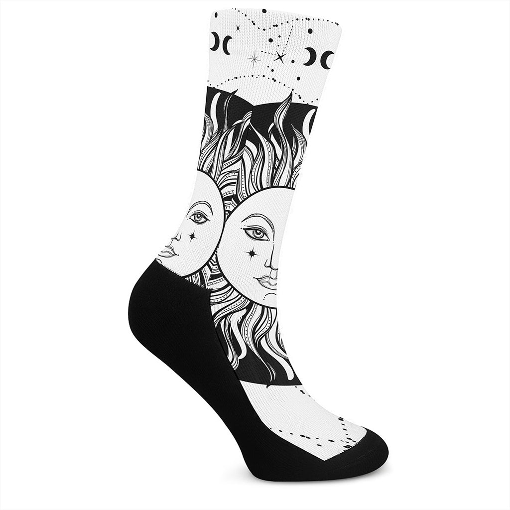 Black And White Celestial Sun Print Crew Socks