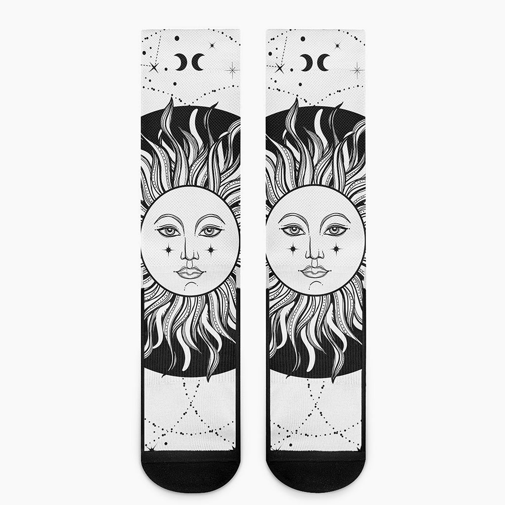 Black And White Celestial Sun Print Crew Socks