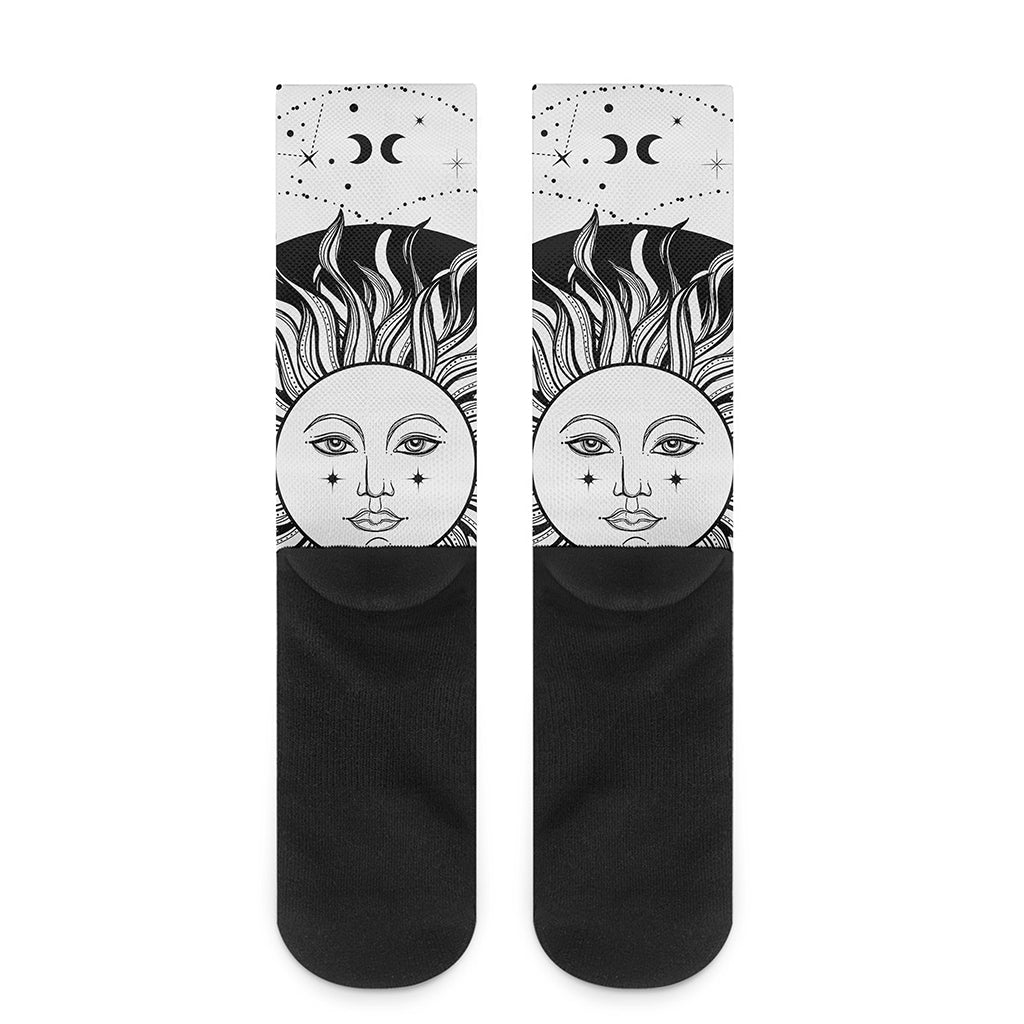 Black And White Celestial Sun Print Crew Socks