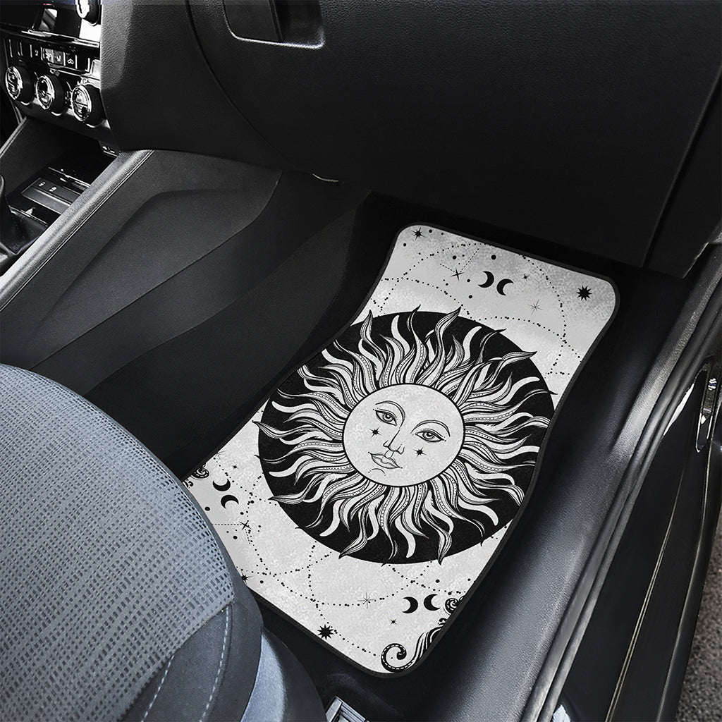 Black And White Celestial Sun Print Front and Back Car Floor Mats