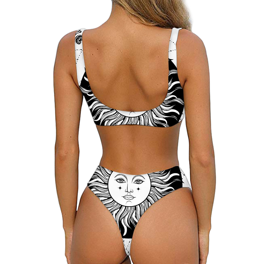 Black And White Celestial Sun Print Front Bow Tie Bikini