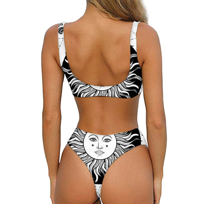 Black And White Celestial Sun Print Front Bow Tie Bikini