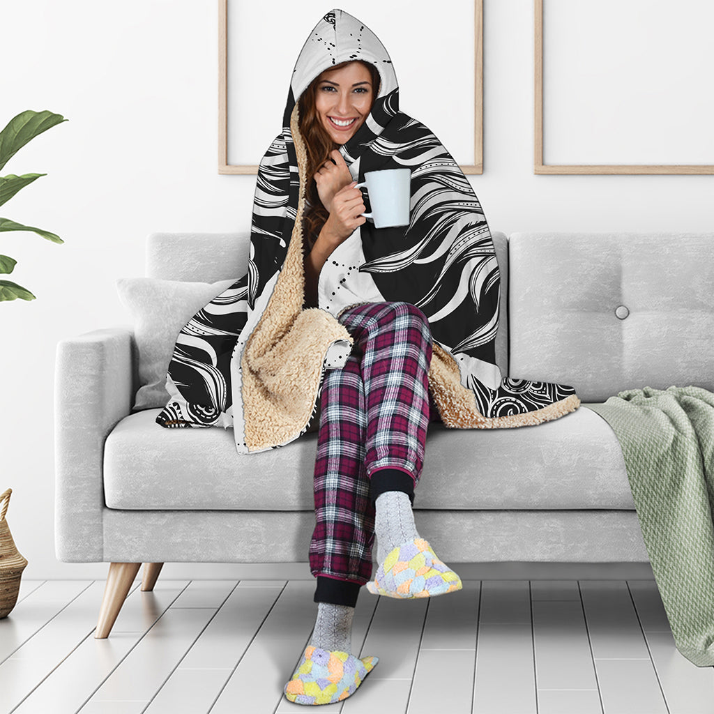Black And White Celestial Sun Print Hooded Blanket