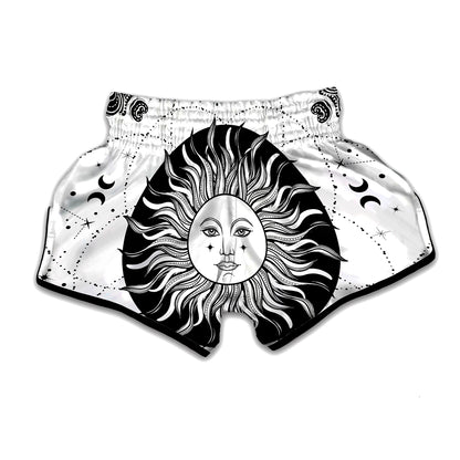 Black And White Celestial Sun Print Muay Thai Boxing Shorts