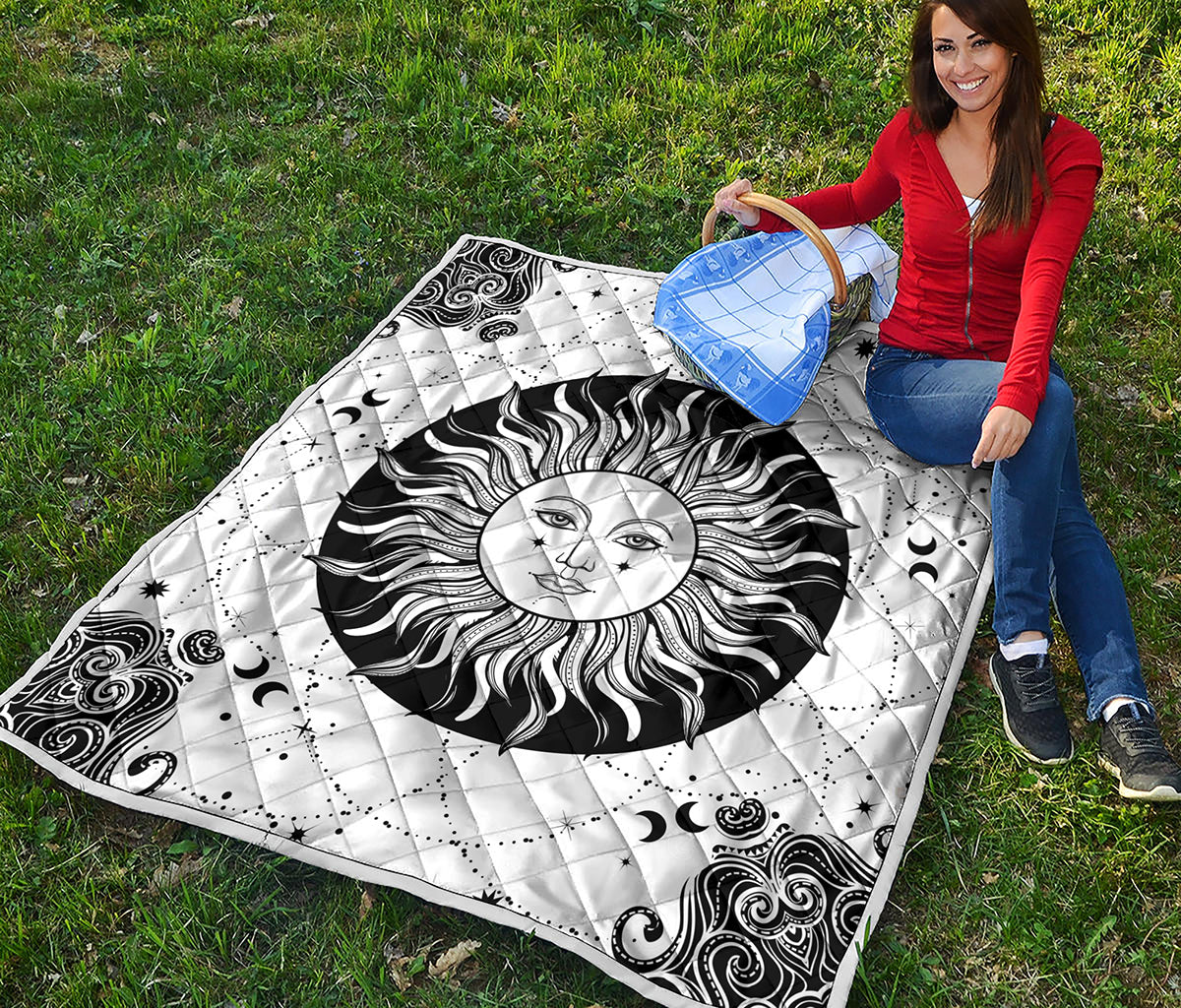 Black And White Celestial Sun Print Quilt