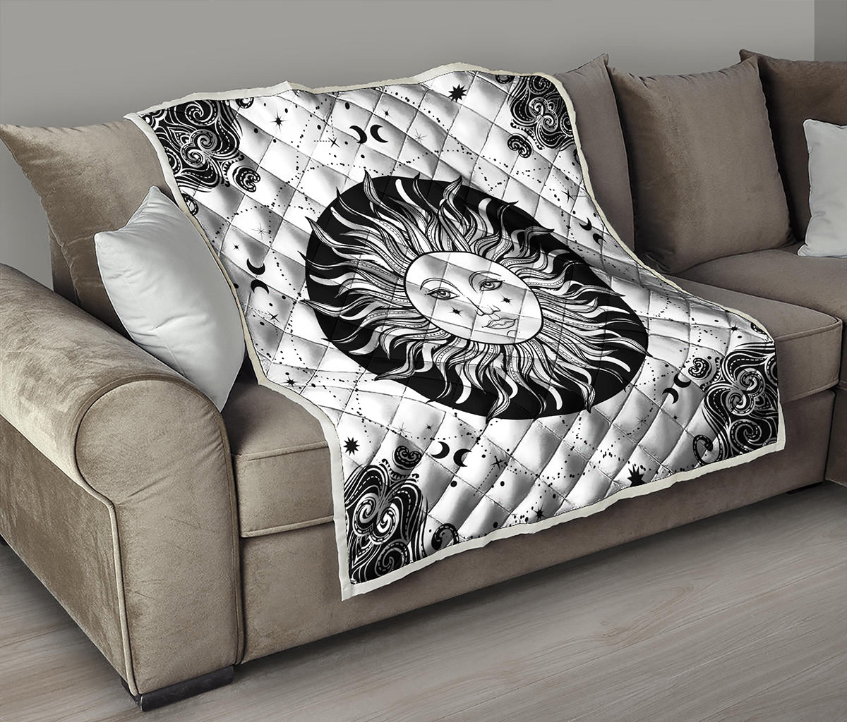 Black And White Celestial Sun Print Quilt
