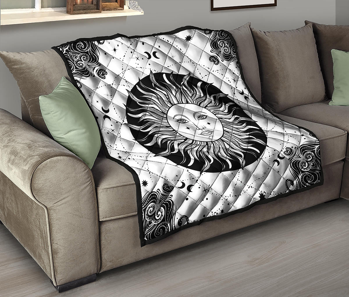 Black And White Celestial Sun Print Quilt