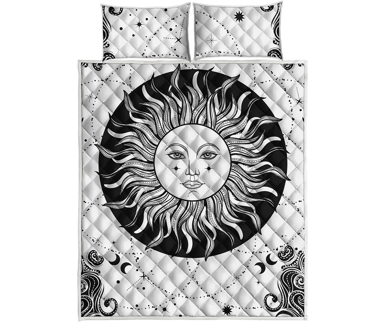 Black And White Celestial Sun Print Quilt Bed Set