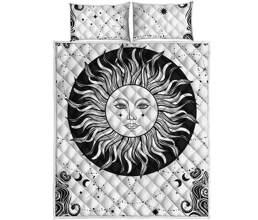 Black And White Celestial Sun Print Quilt Bed Set