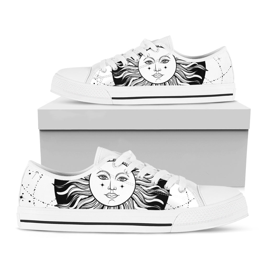 Black And White Celestial Sun Print White Low Top Shoes