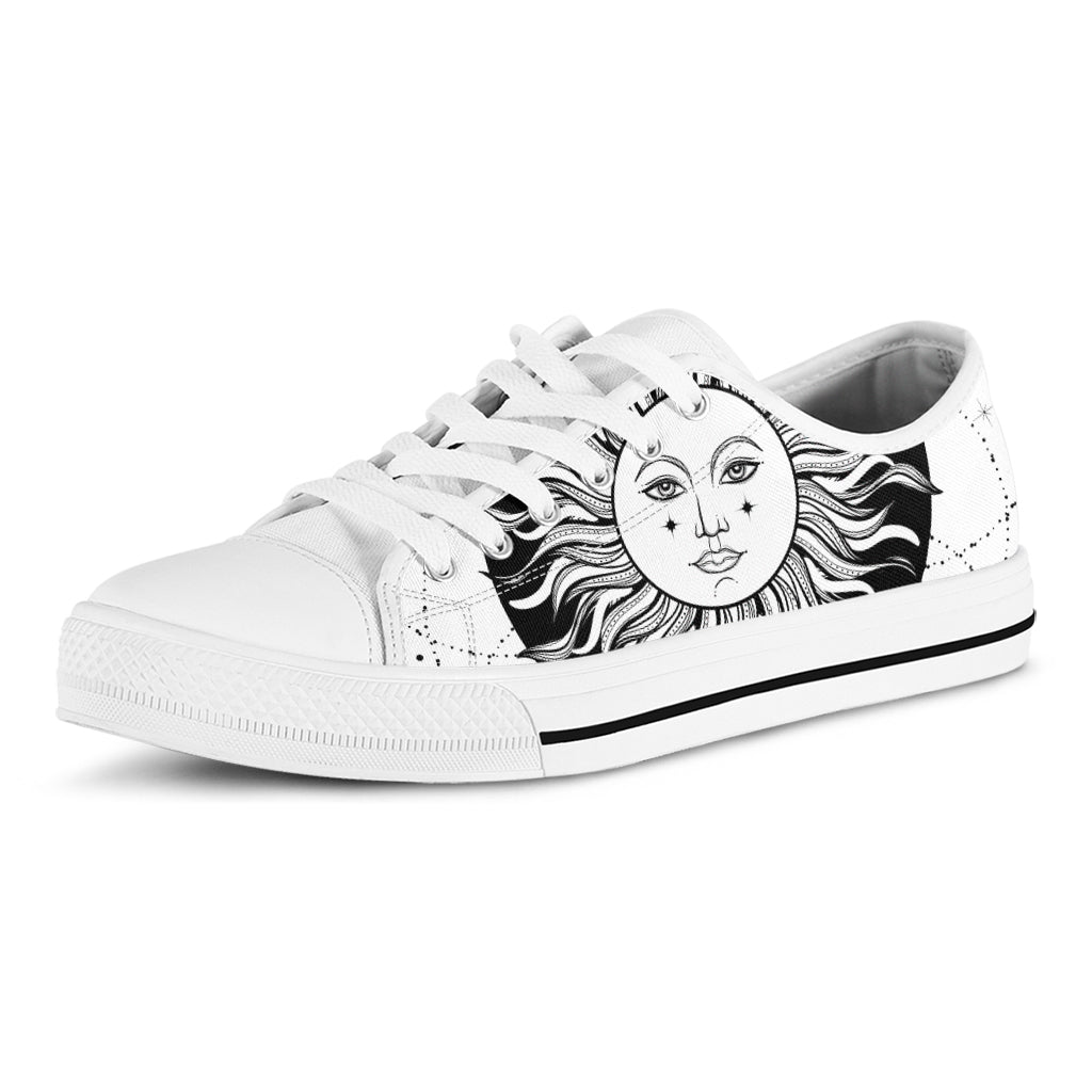 Black And White Celestial Sun Print White Low Top Shoes