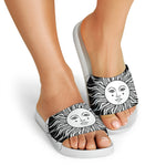 Black And White Celestial Sun Print White Slide Sandals