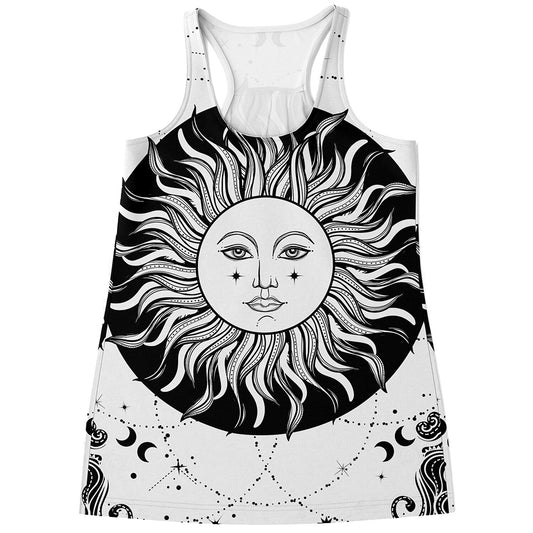 Black And White Celestial Sun Print Women's Racerback Tank Top