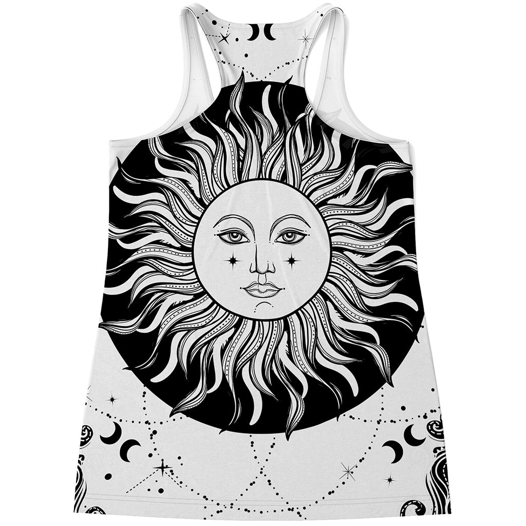 Black And White Celestial Sun Print Women's Racerback Tank Top
