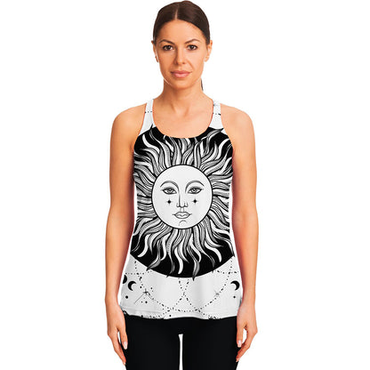 Black And White Celestial Sun Print Women's Racerback Tank Top