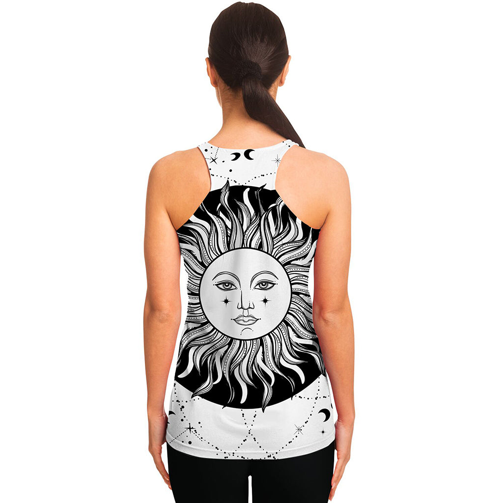 Black And White Celestial Sun Print Women's Racerback Tank Top