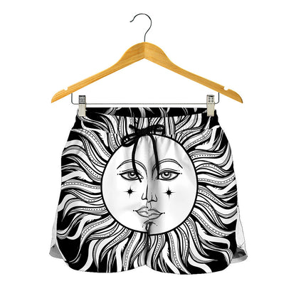 Black And White Celestial Sun Print Women's Shorts