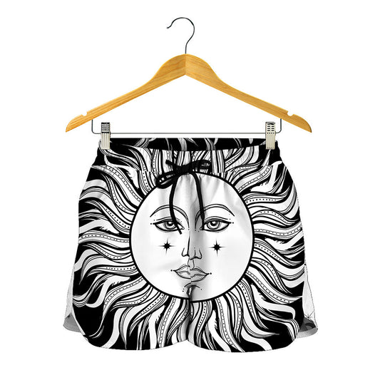 Black And White Celestial Sun Print Women's Shorts