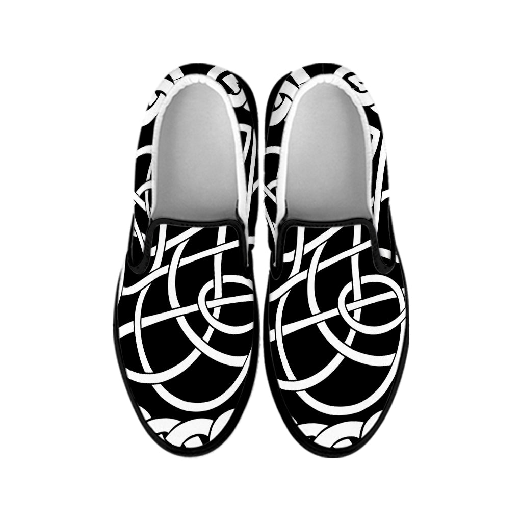 Black And White Celtic Knot Print Black Slip On Shoes