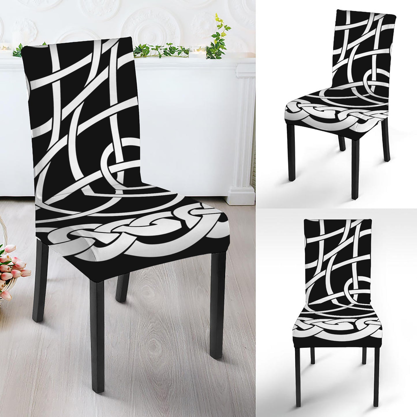 Black And White Celtic Knot Print Dining Chair Slipcover