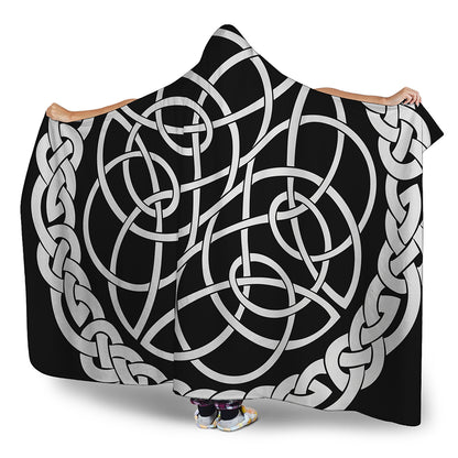 Black And White Celtic Knot Print Hooded Blanket